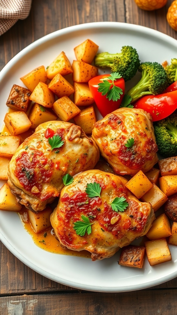 Air Fryer Chicken with Potatoes and Vegetables Recipe Air fryer chicken with potatoes and vegetables on a plate, garnished with parsley.